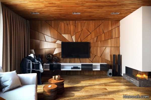 اصول تزیین دیوار اتاق پذیرایی مدرن باسنگ و چوب