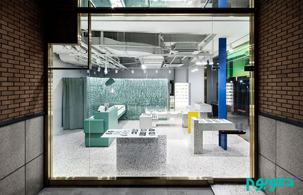 طراحی داخلی فروشگاه عینک با ایده دیوارهایی از سیم های بافته شده